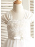 Ivory Lace Tulle Cap Sleeves Champagne Lining Knee Length Flower Girl Dress 